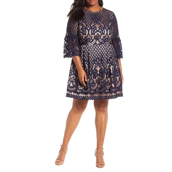 NEW! Anthropologie Plus Size 14 Bell Sleeve Lace Fit Flare Dress Boho Navy Blue - Picture 1 of 8